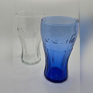 Lot Of 2 Vintage Coca Cola Cobalt Blue & Clear Glass Cups Mug 6” Tall EUC